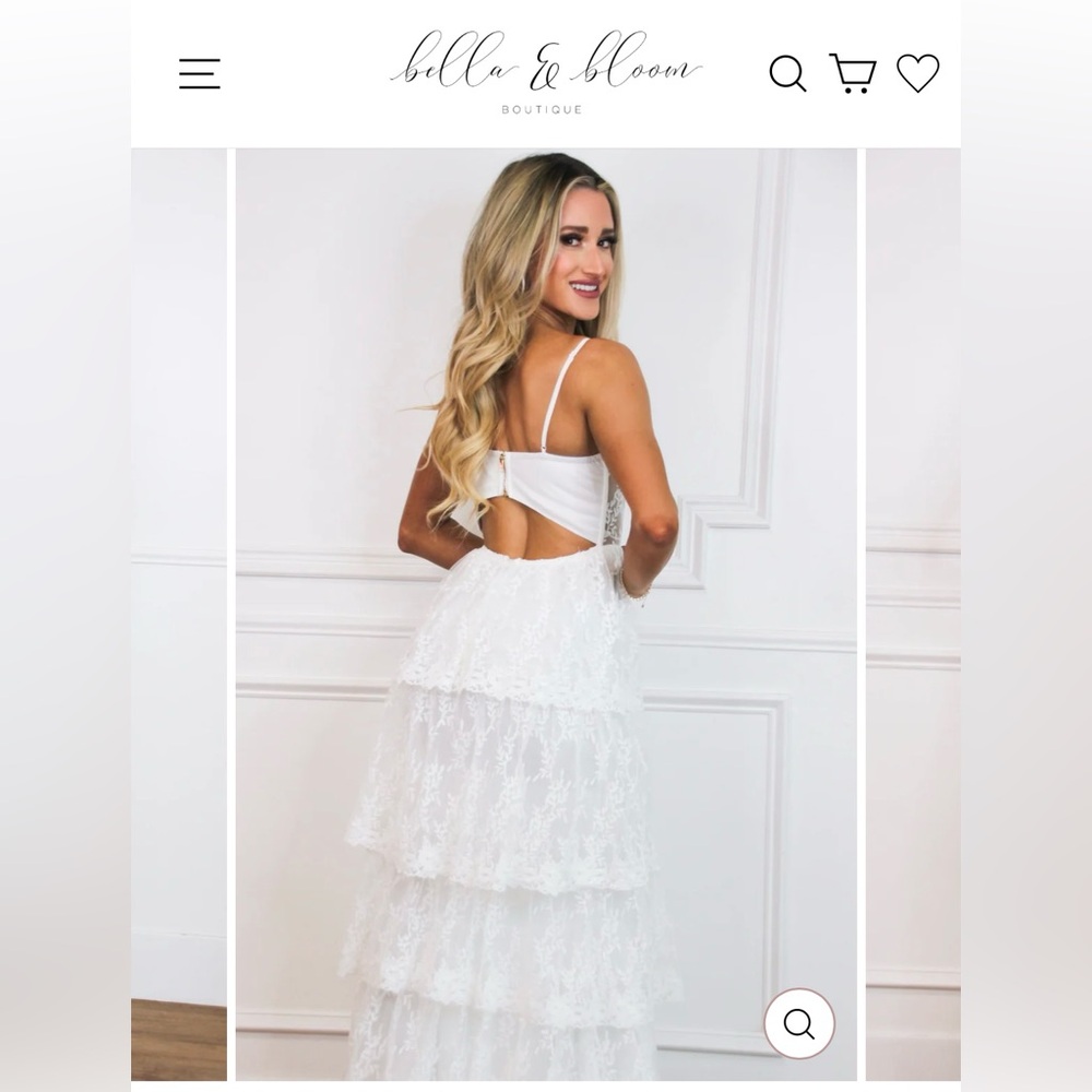 Bella and Bloom Boutique, BEYOND ROMANCE RUFFLE LACE BUSTIER MAXI DRESS: WHITE